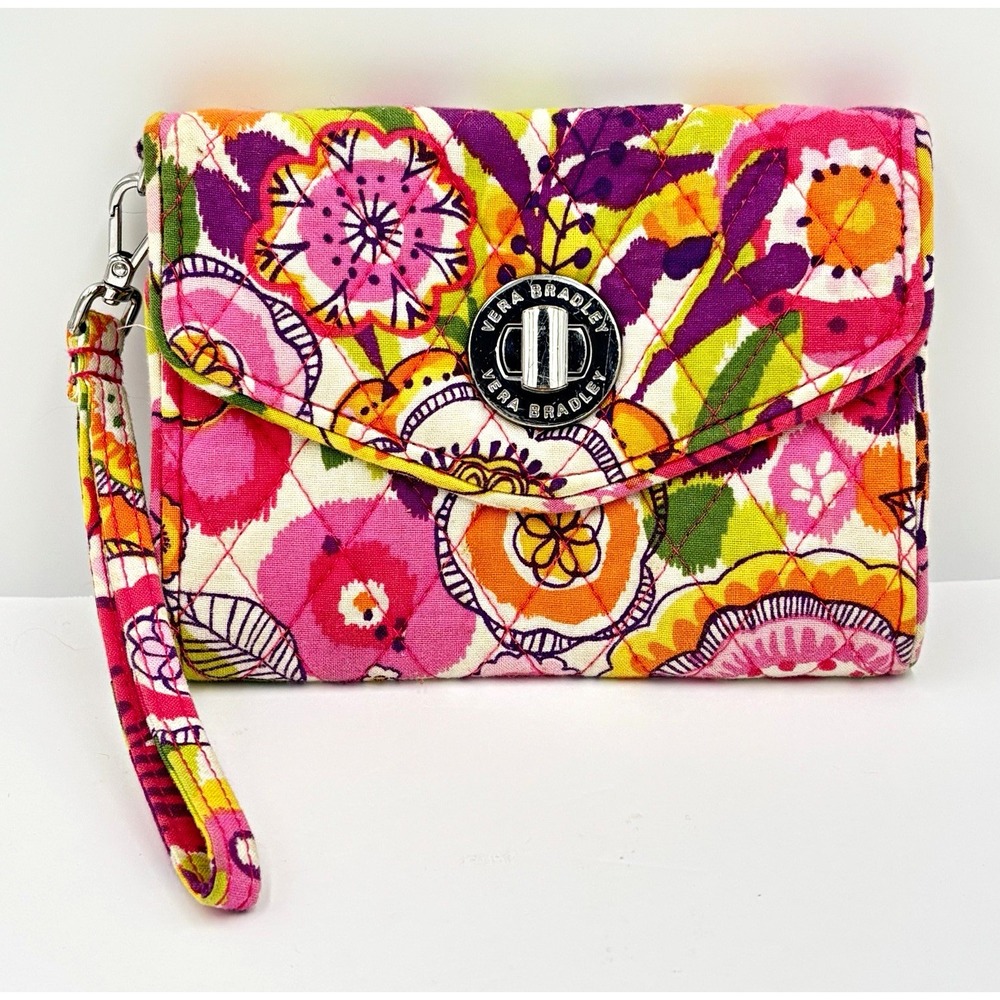 Vera Bradley Floral Wristlet Wallet Folding Credit Card Holder Logo Pink Multi